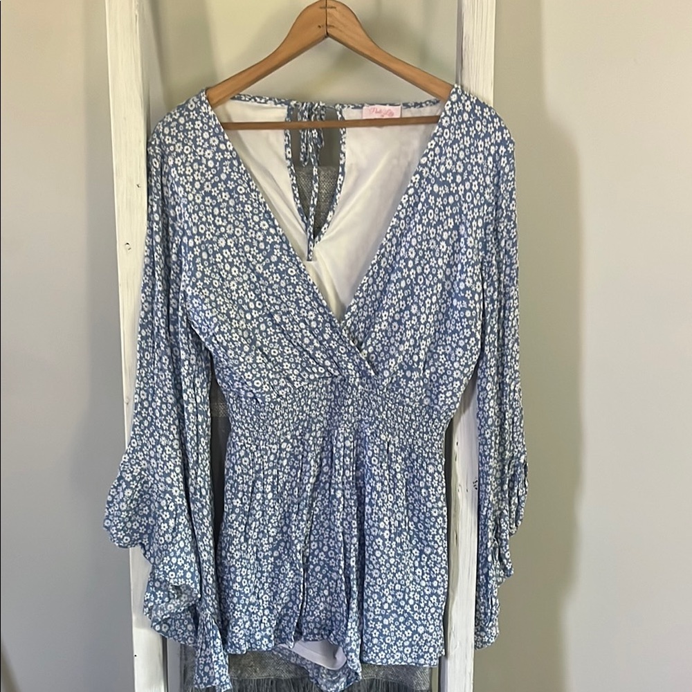 Pink Lily Floral Wrap long sleeve romper blue and white